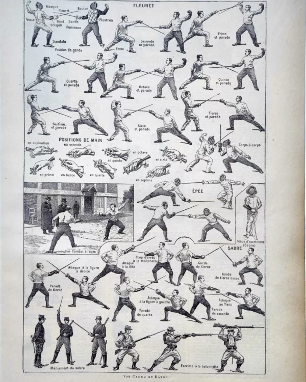 LU11922ESCR-R-escrime Escrime au fleuret, à l’épée et au sabre, techniques et parades, planche de 1922