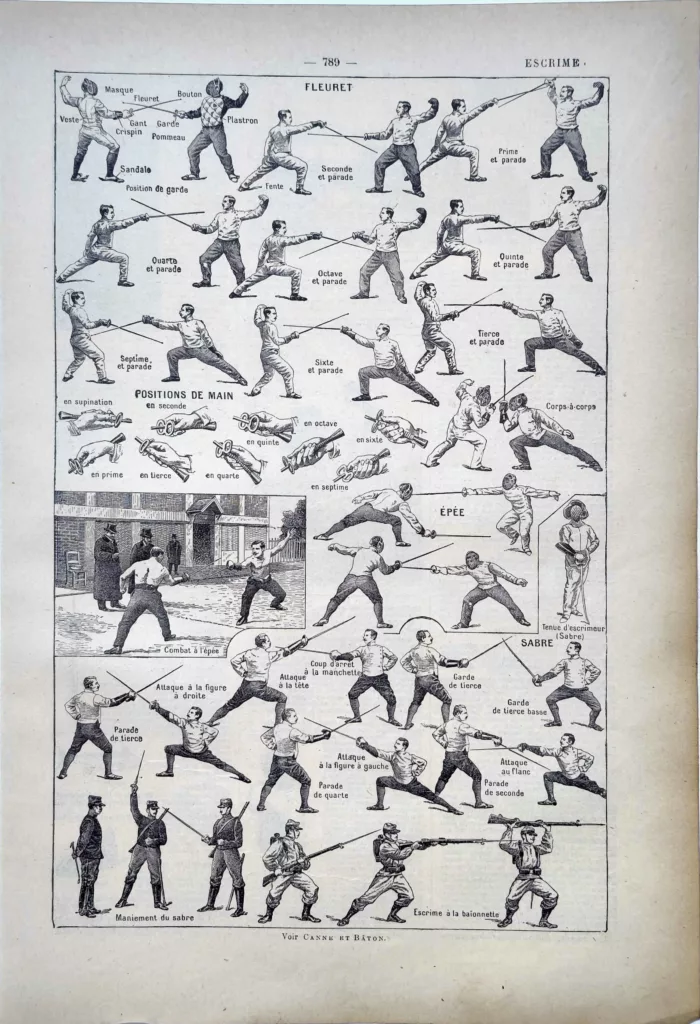 Escrime au fleuret, à l’épée et au sabre, techniques et parades, planche de 1922