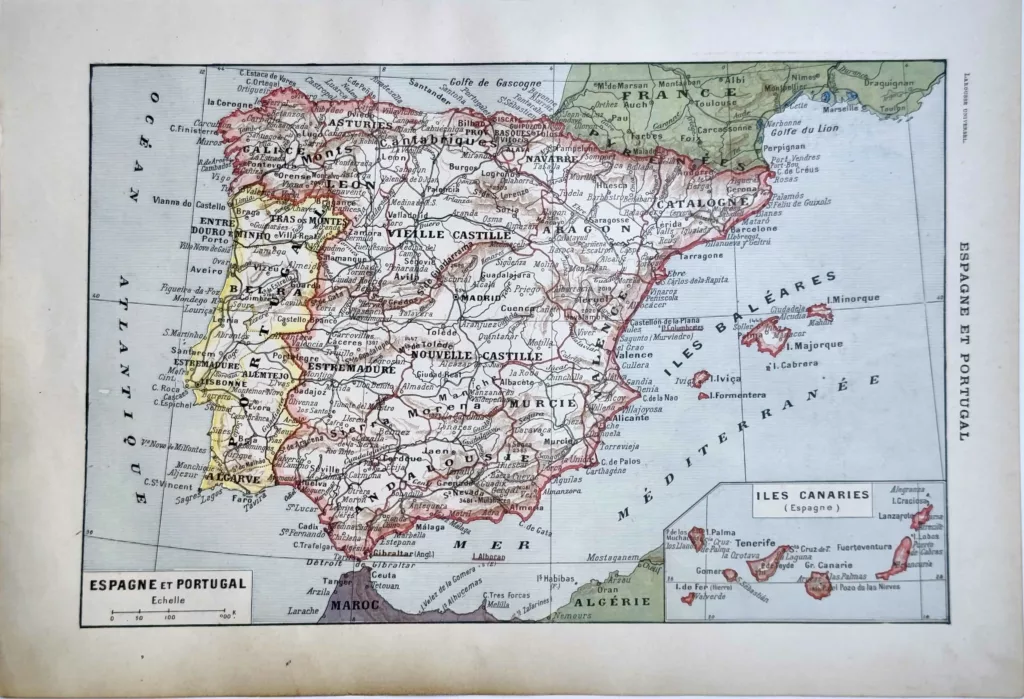 Carte en couleurs de l’Espagne et du Portugal, planche ancienne de 1922