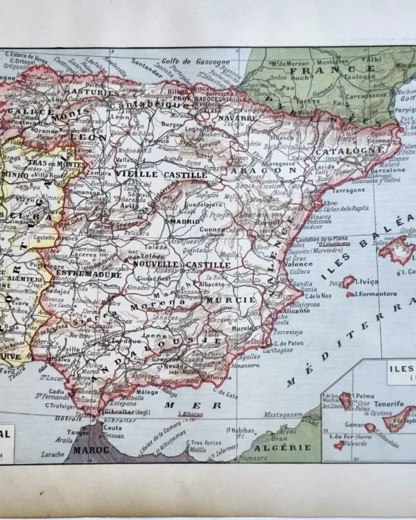 LU11922ESPA-R-espagne-portugal Carte en couleurs de l’Espagne et du Portugal, planche ancienne de 1922