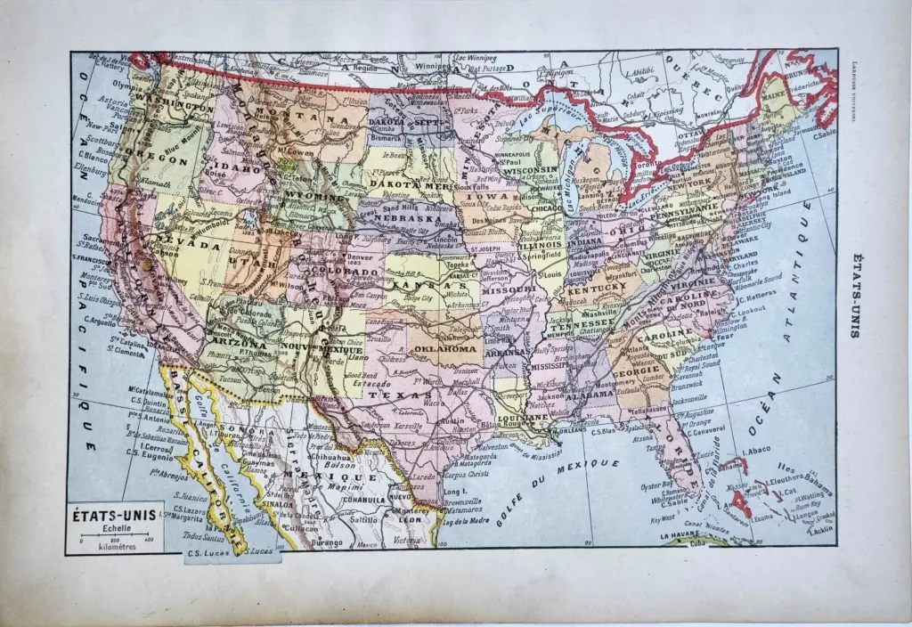 Carte en couleurs des États-Unis, planche géographique ancienne de 1922