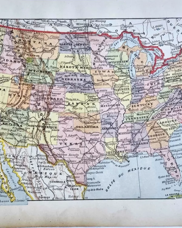 LU11922ETAT-R-etats-unis-carte Carte en couleurs des États-Unis, planche géographique ancienne de 1922
