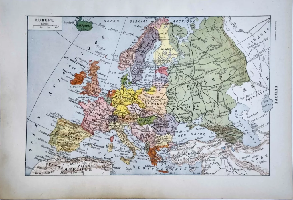 Carte en couleurs de l’Europe, planche géographique ancienne de 1922