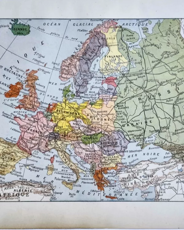 LU11922EURO-R-europe-carte Carte en couleurs de l’Europe, planche géographique ancienne de 1922