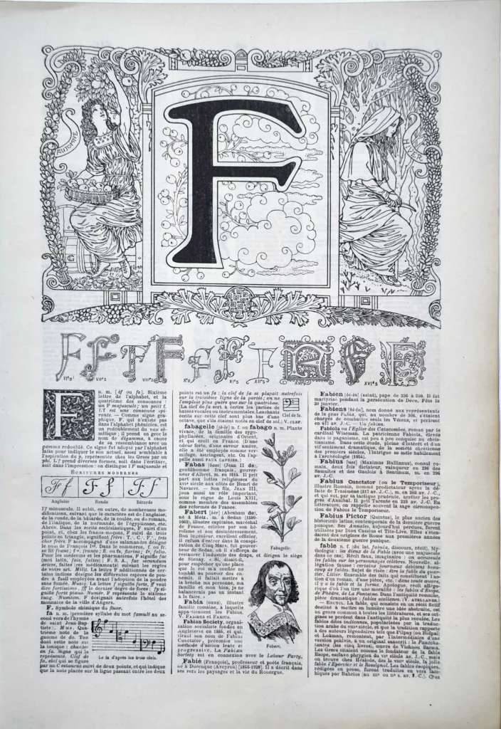 Lettre F décorative, alphabets anciens et modèles d’écriture, page originale de 1922