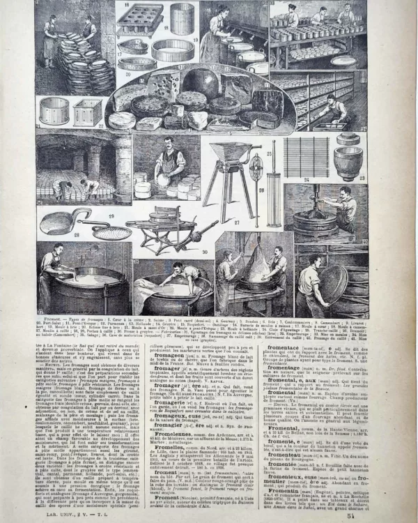 LU11922FROM-R-fromage Fromages français, fabrication, moulage, égouttage et affinage, planche de 1922