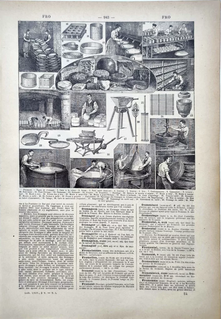 Fromages français, fabrication, moulage, égouttage et affinage, planche de 1922