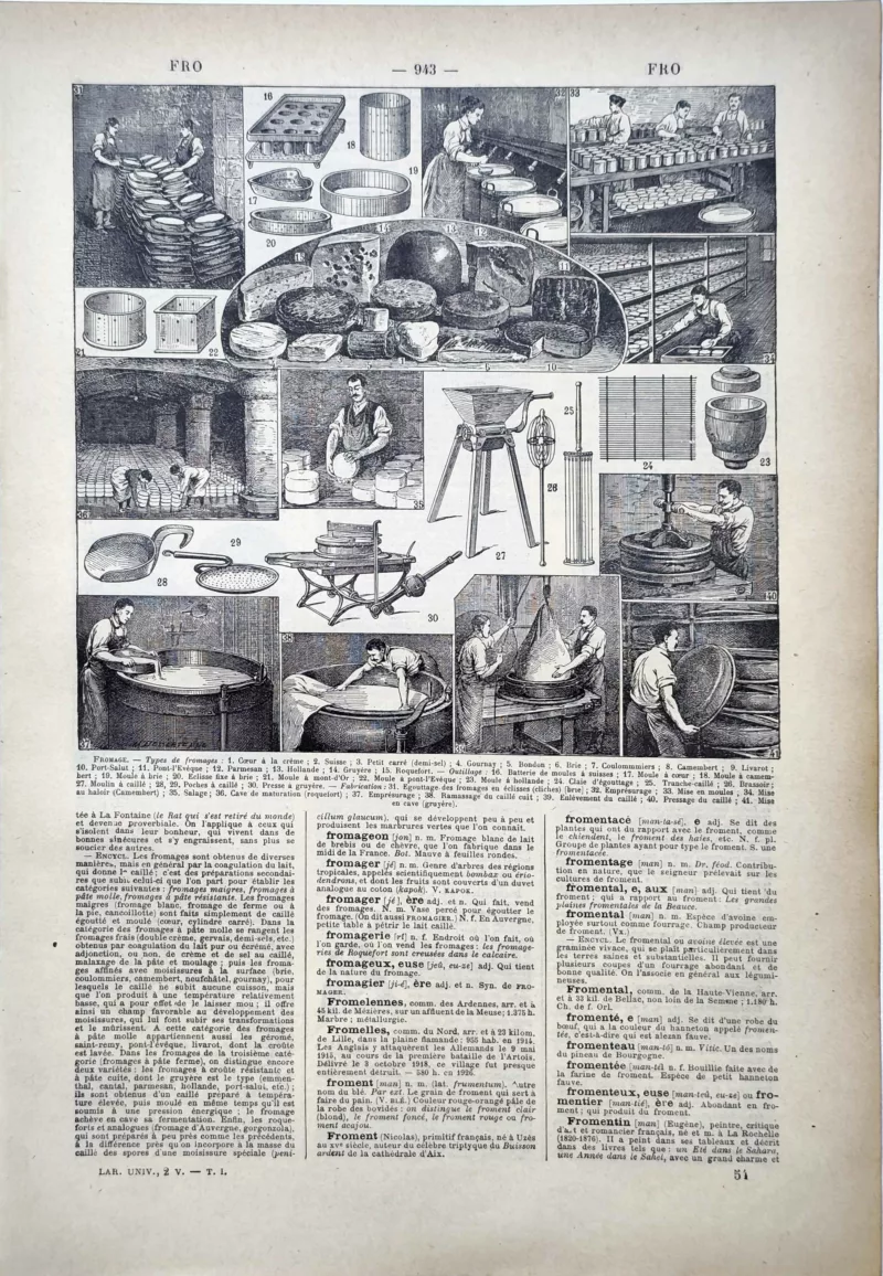 LU11922FROM-R-fromage Fromages français, fabrication, moulage, égouttage et affinage, planche de 1922