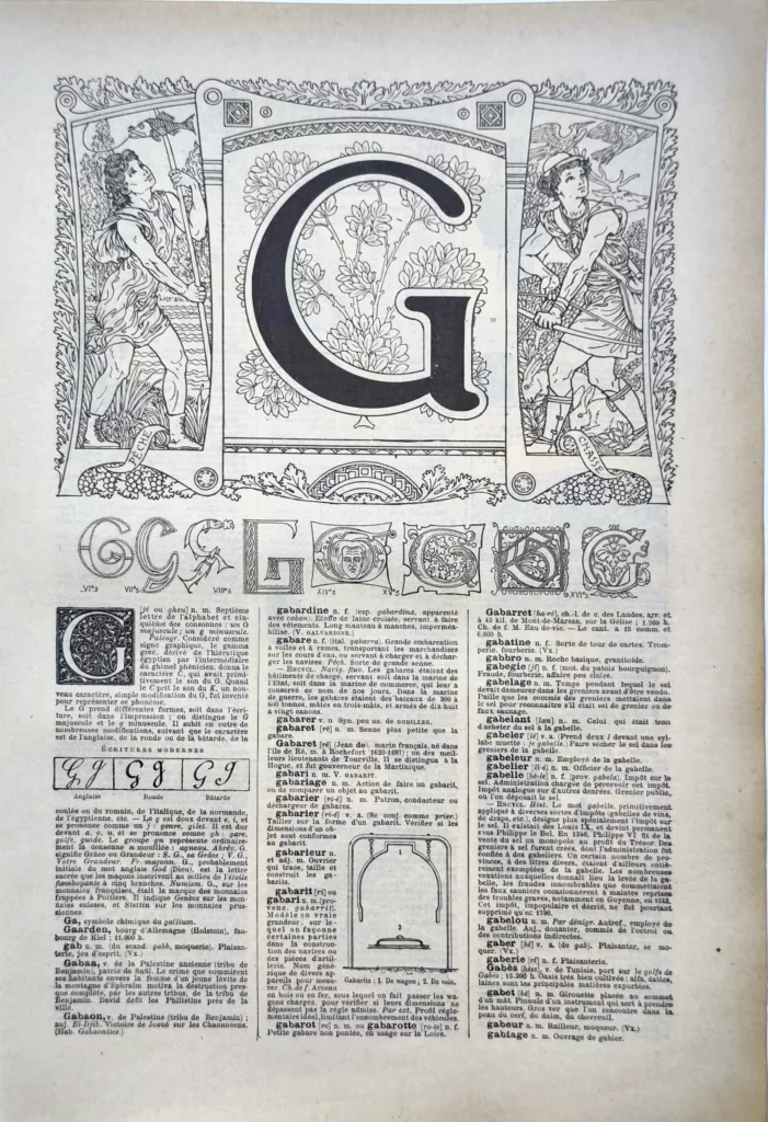 Lettre G décorative, alphabets anciens et modèles d’écriture, page originale de 1922