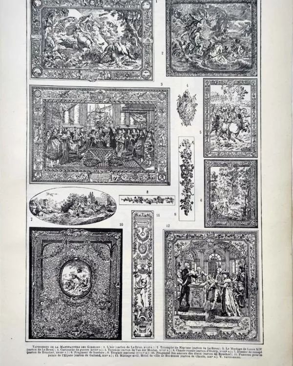 LU11922GOBE-R-gobelins Tapisseries des Gobelins, scènes historiques et motifs décoratifs, planche ancienne de 1922