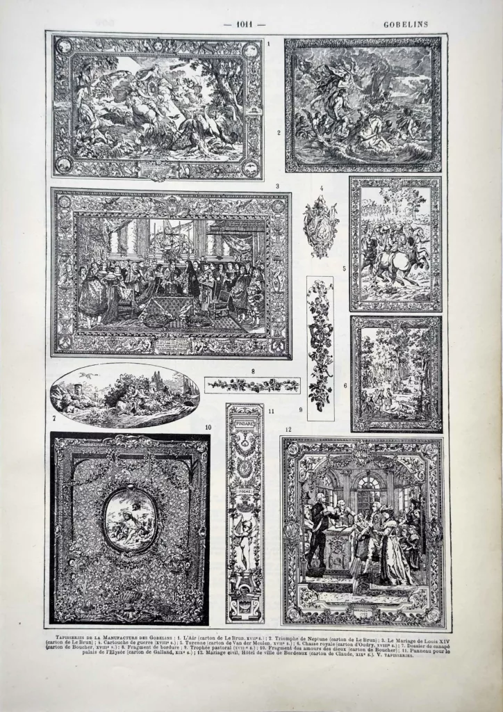 Tapisseries des Gobelins, scènes historiques et motifs décoratifs, planche ancienne de 1922
