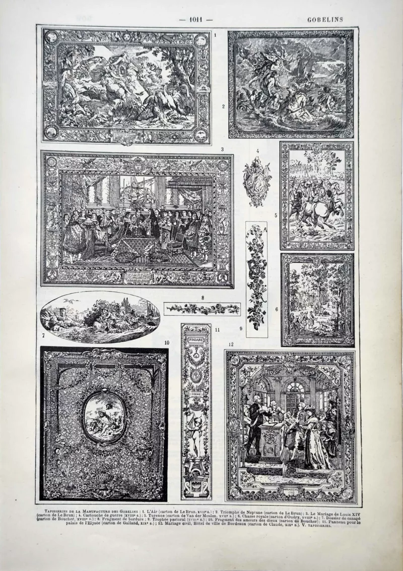 LU11922GOBE-R-gobelins Tapisseries des Gobelins, scènes historiques et motifs décoratifs, planche ancienne de 1922