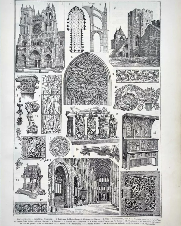 Art gothique, cathédrale, rosace, sculpture et mobilier médiéval, planche ancienne de 1922