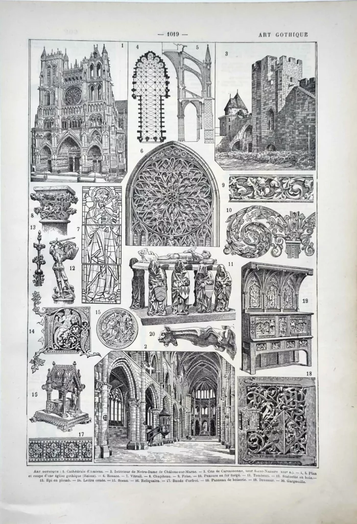 Art gothique, cathédrale, rosace, sculpture et mobilier médiéval, planche ancienne de 1922