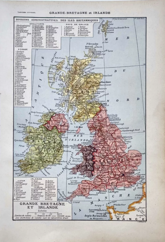 Carte ancienne en couleurs de la Grande-Bretagne et de l’Irlande, 1922