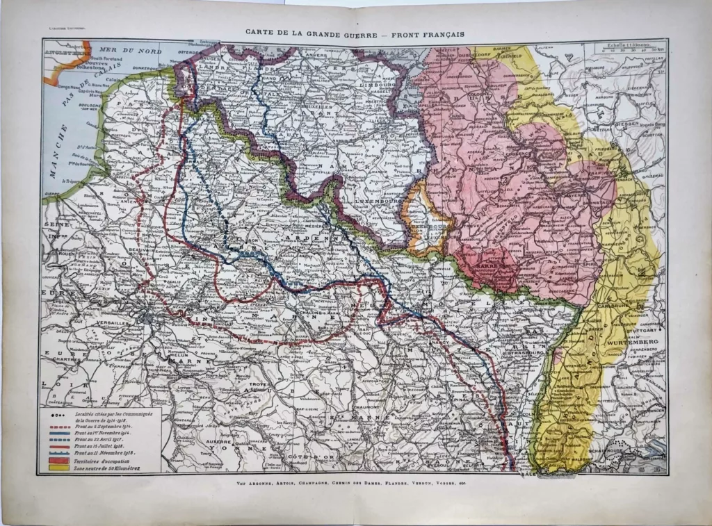 Grande carte en couleurs du front français de la Première Guerre mondiale, document de 1922