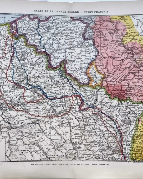 LU11922GRAG-R-DP-grande-guerre-carte Grande carte en couleurs du front français de la Première Guerre mondiale, document de 1922