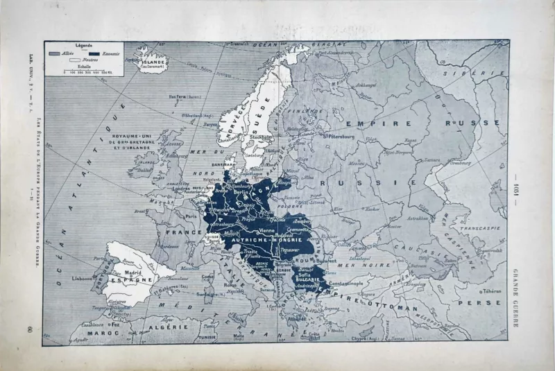 LU11922GRAG-V1-grande-guerre-carte Carte de l’Europe pendant la Grande Guerre montrant alliés, ennemis et pays neutres, 1922
