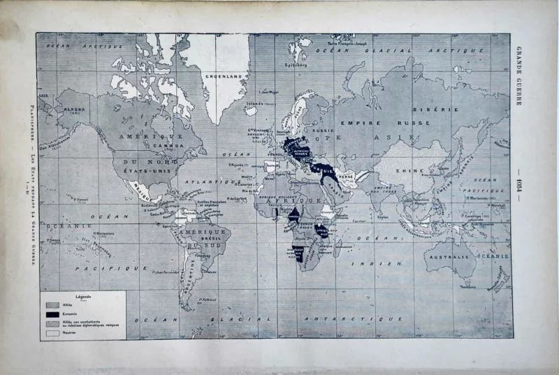 LU11922GRAG-V2-grande-guerre-carte Carte mondiale de la Grande Guerre montrant les alliances et puissances engagées, 1922