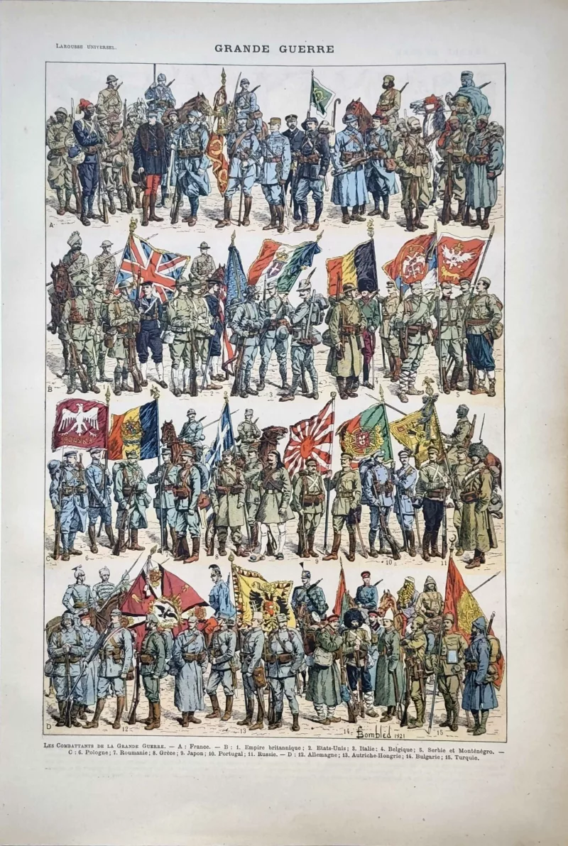 Uniformes et drapeaux des combattants de la Grande Guerre, planche en couleurs de 1922
