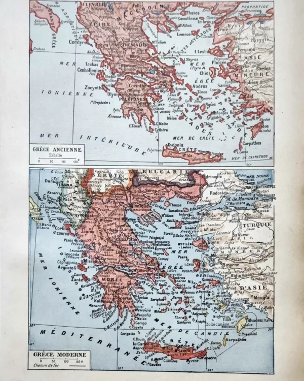 LU11922GREC-R-grece-carte Carte ancienne en couleurs de la Grèce ancienne et moderne, planche de 1922