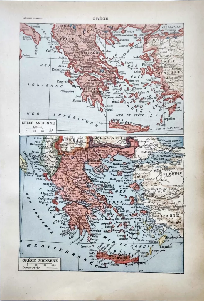 Carte ancienne en couleurs de la Grèce ancienne et moderne, planche de 1922