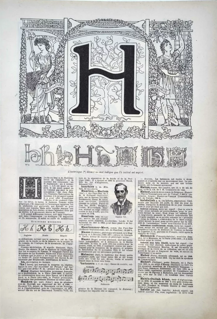 Lettre H décorative, alphabets anciens et modèles d’écriture, page originale de 1922