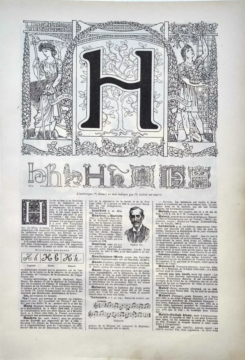 LU11922H000-R-lettre-H Lettre H décorative, alphabets anciens et modèles d’écriture, page originale de 1922