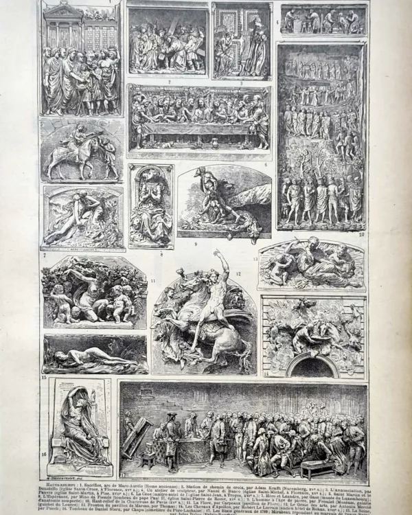 Hauts-reliefs et sculptures monumentales de différentes époques, planche ancienne de 1922