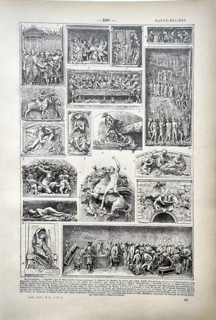 Hauts-reliefs et sculptures monumentales de différentes époques, planche ancienne de 1922