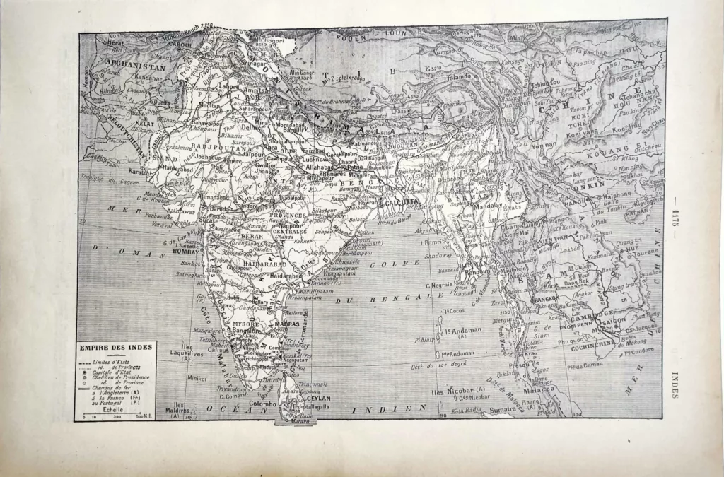 Inde et Asie du Sud, carte géographique ancienne de 1922