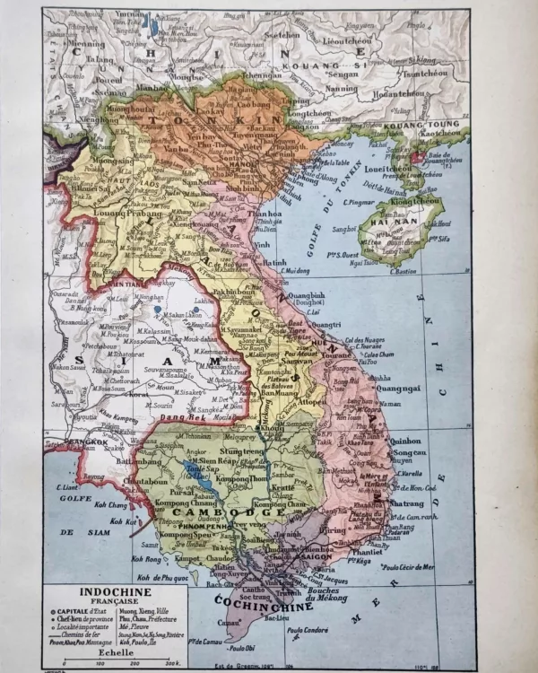 LU11922INDO-R-indochine-carte Indochine française, carte géographique ancienne en couleurs de 1922