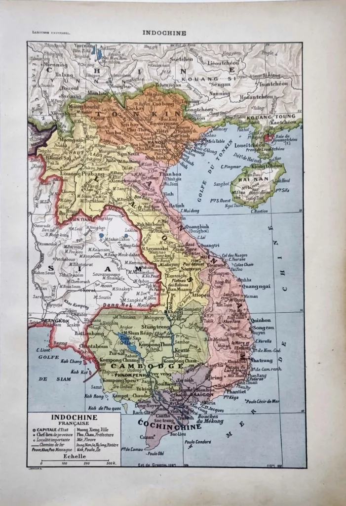 Indochine française, carte géographique ancienne en couleurs de 1922
