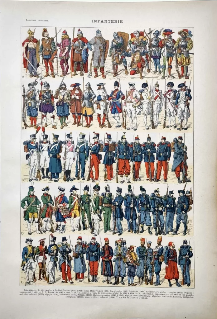 Infanterie française, uniformes militaires en couleurs, planche ancienne de 1922