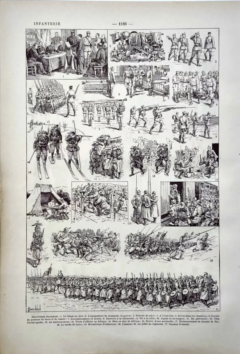 LU11922INFA-V-infanterie Infanterie française, entraînement et vie militaire, planche ancienne de 1922