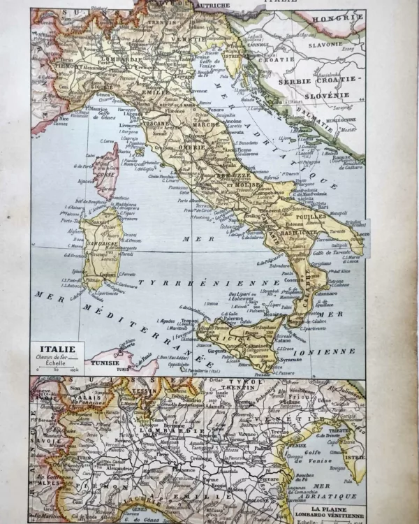 Italie, carte géographique ancienne en couleurs de 1922