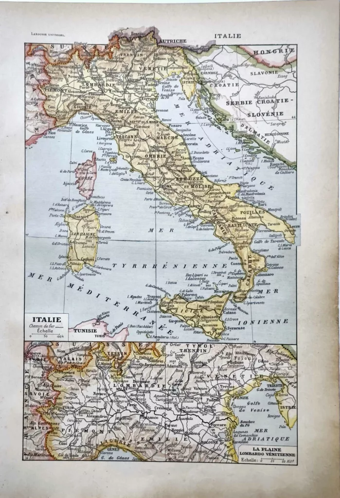 Italie, carte géographique ancienne en couleurs de 1922