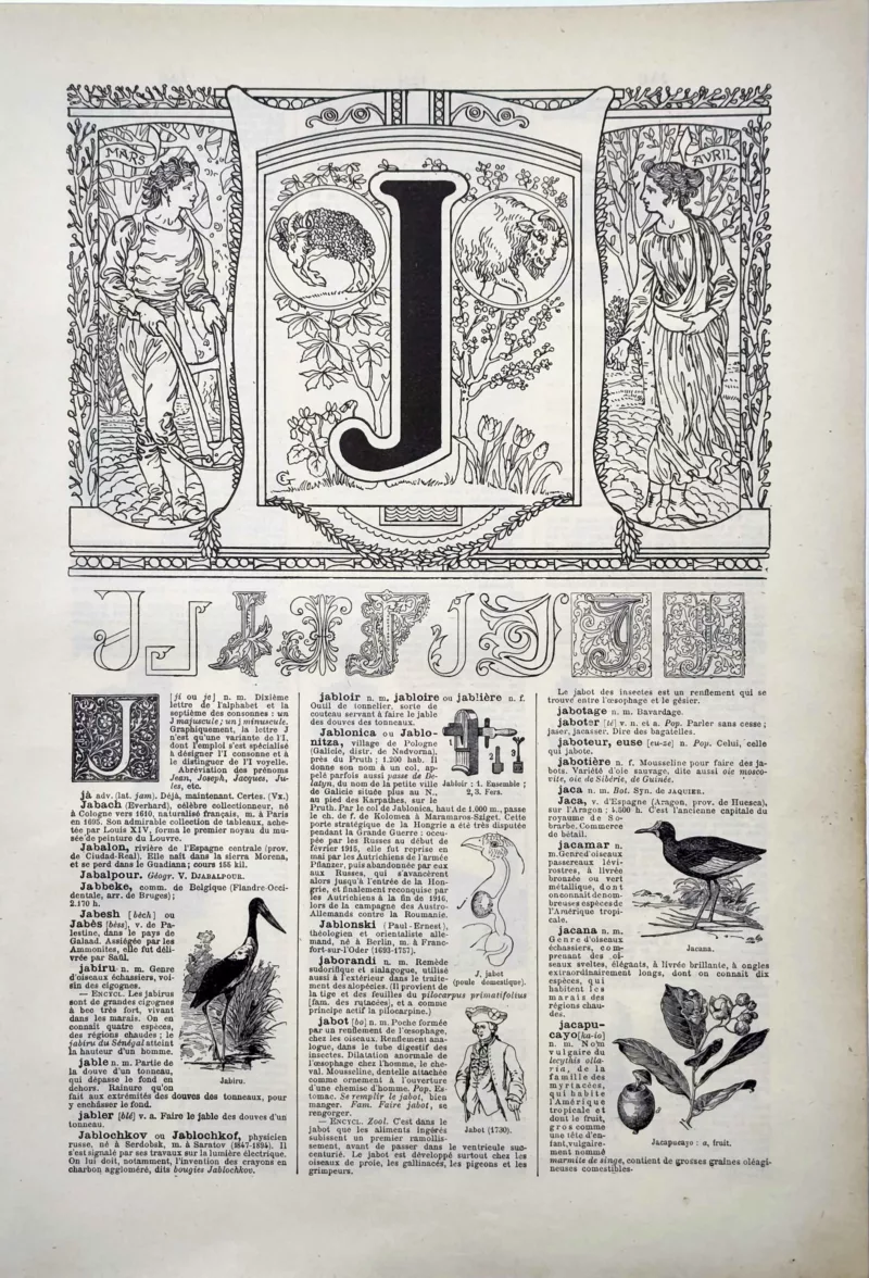 Lettre J décorative, alphabet et typographie ancienne, planche de 1922