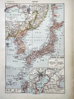 Empire du Japon, carte géographique ancienne en couleurs de 1922
