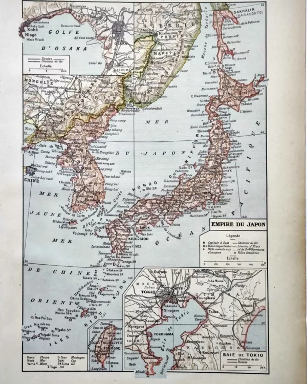 Empire du Japon, carte géographique ancienne en couleurs de 1922