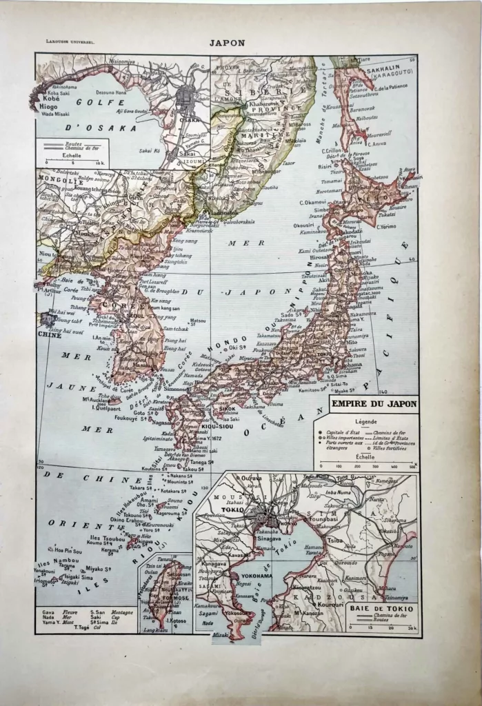 Empire du Japon, carte géographique ancienne en couleurs de 1922