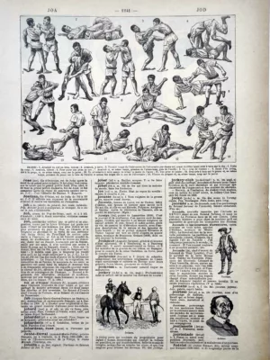 Jiu-jitsu, prises et techniques de combat illustrées, planche ancienne de 1922