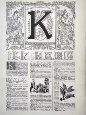 Lettre K décorative, alphabet et typographie ancienne, planche de 1922