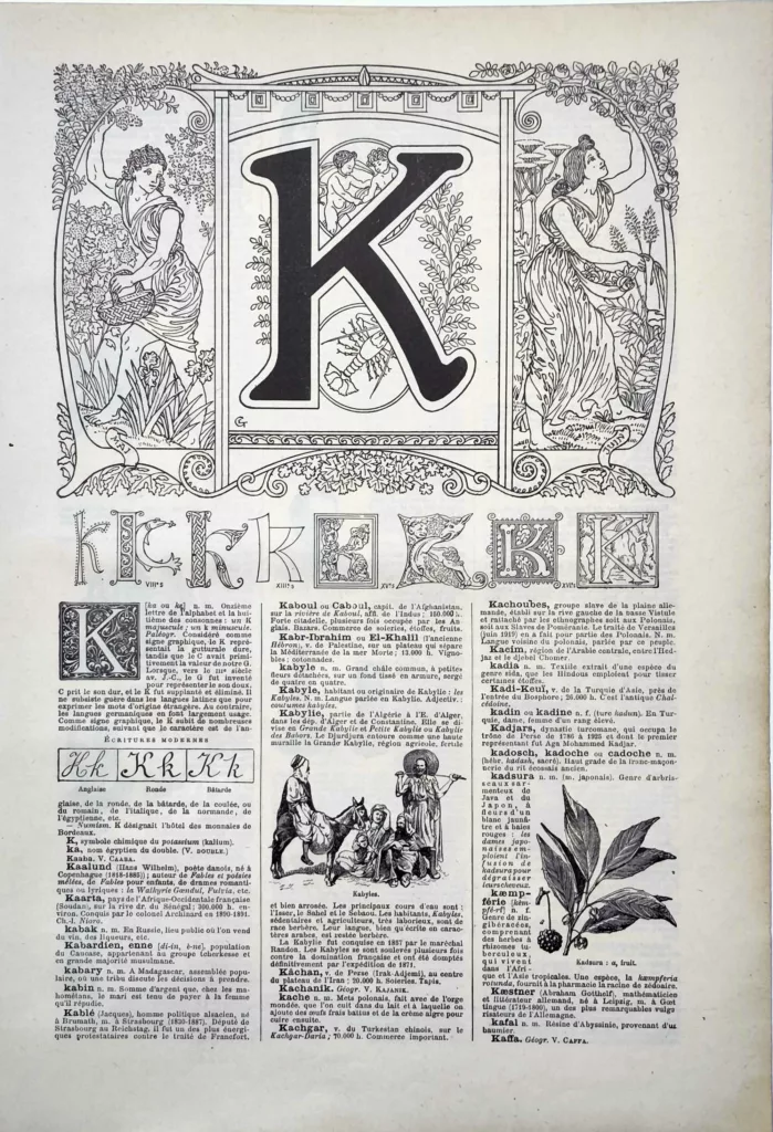 Lettre K décorative, alphabet et typographie ancienne, planche de 1922
