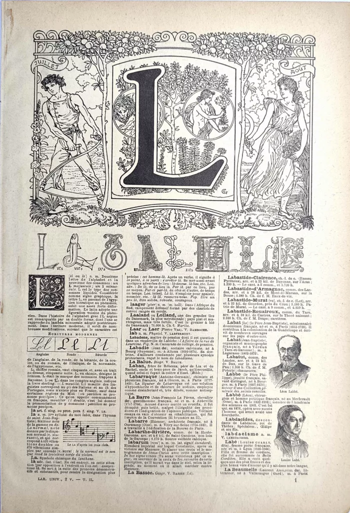 Lettre L décorative, alphabets anciens et modèles d’écriture, page originale de 1923