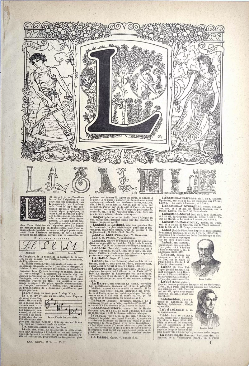 Lettre L décorative, alphabets anciens et modèles d’écriture, page originale de 1923