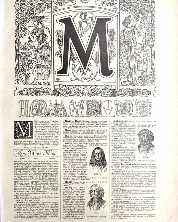 LU21923M000-R-Lettre-M Lettre M décorative, alphabets anciens et modèles d’écriture, page originale de 1923
