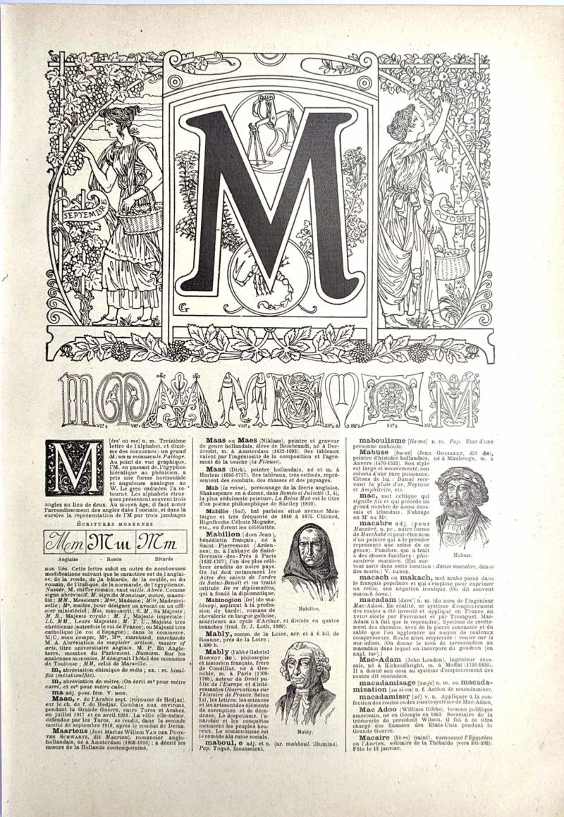 Lettre M décorative, alphabets anciens et modèles d’écriture, page originale de 1923
