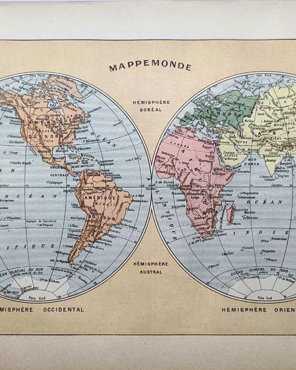 LU21923MAPE-R-Mappemonde Mappemonde ancienne en couleurs avec hémisphères occidental et oriental, 1923