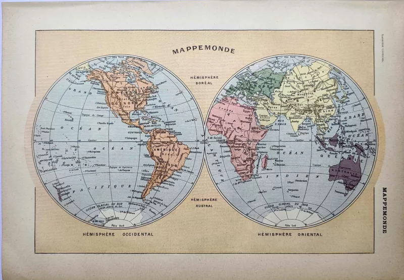 LU21923MAPE-R-Mappemonde Mappemonde ancienne en couleurs avec hémisphères occidental et oriental, 1923